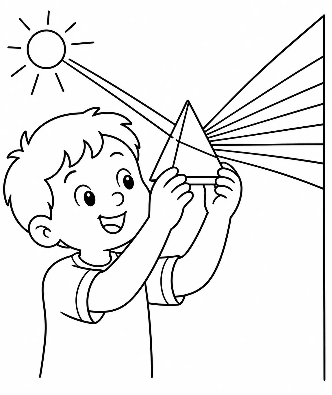 Colouring page: child holding a glass triangular prism in a light beam creating a rainbow spectrum on the wall