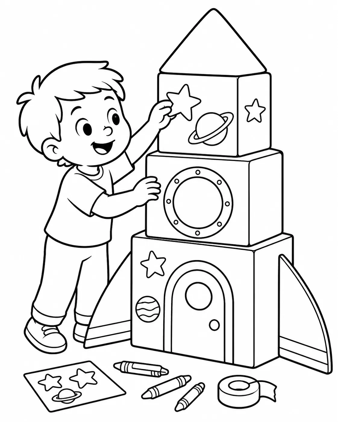 孩子用纸板箱搭建火箭的涂色页