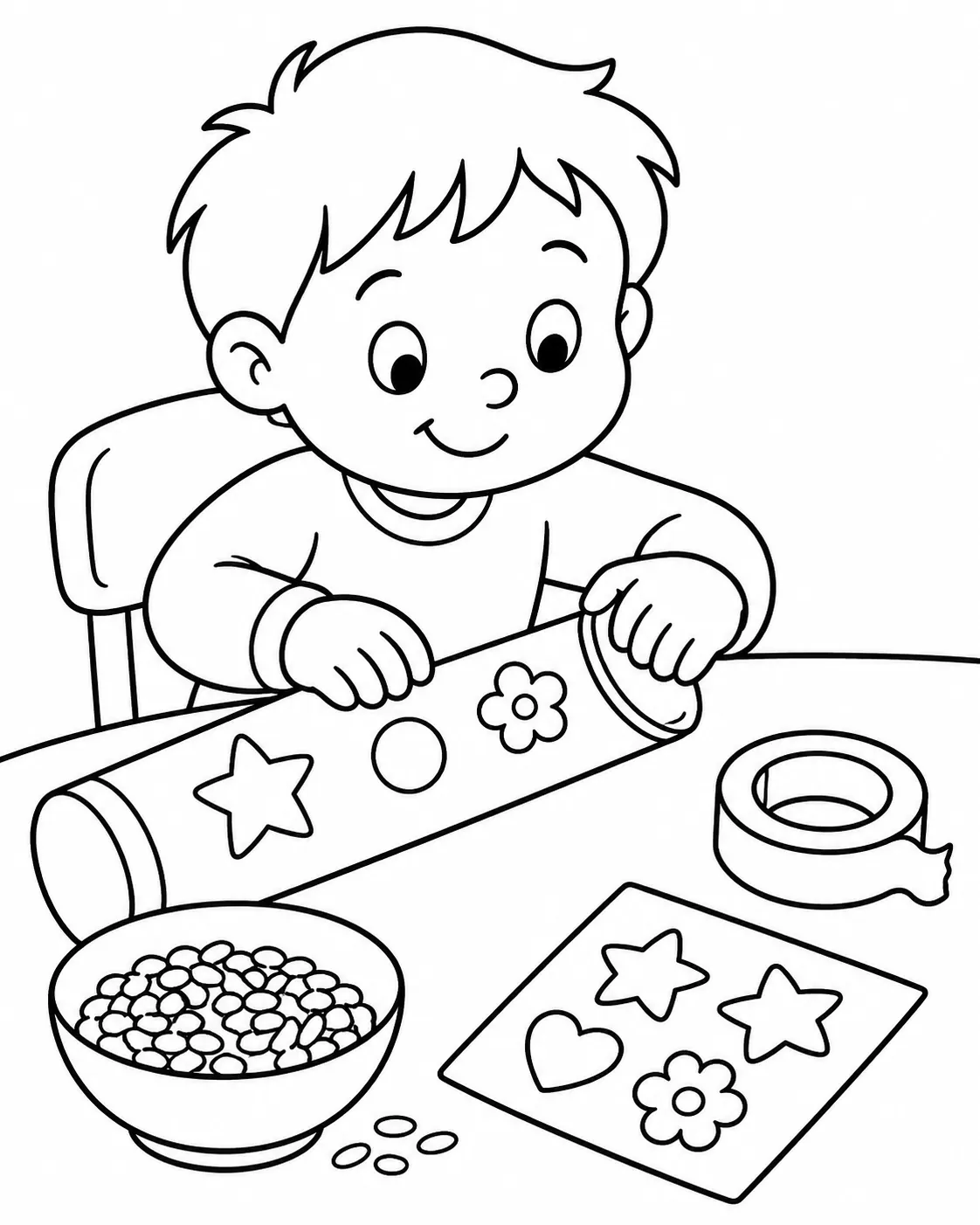 涂色页：孩子封住纸筒制作雨声棒，桌上有米粒和手工材料