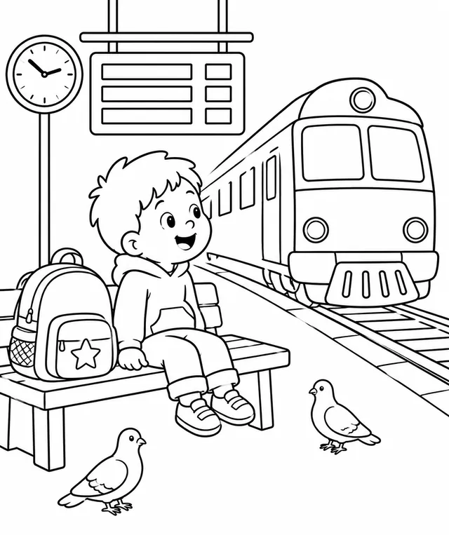 Kind sitzt gespannt mit Rucksack am Bahnhof und wartet auf den Zug
