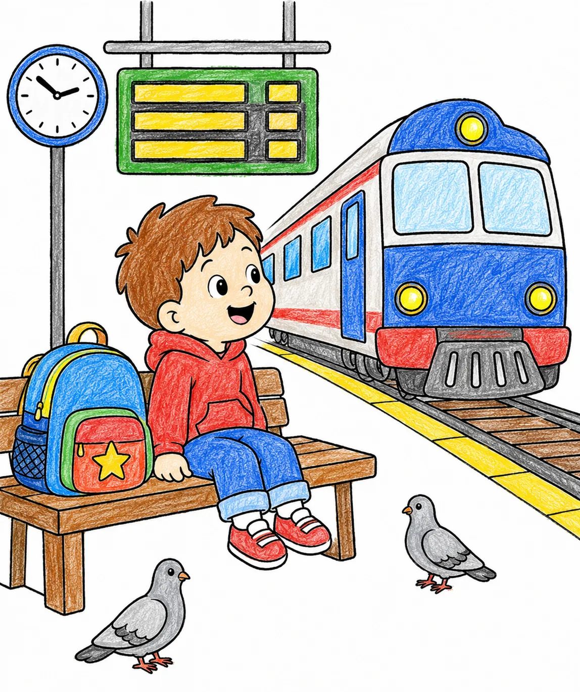 Kind sitzt gespannt mit Rucksack am Bahnhof und wartet auf den Zug