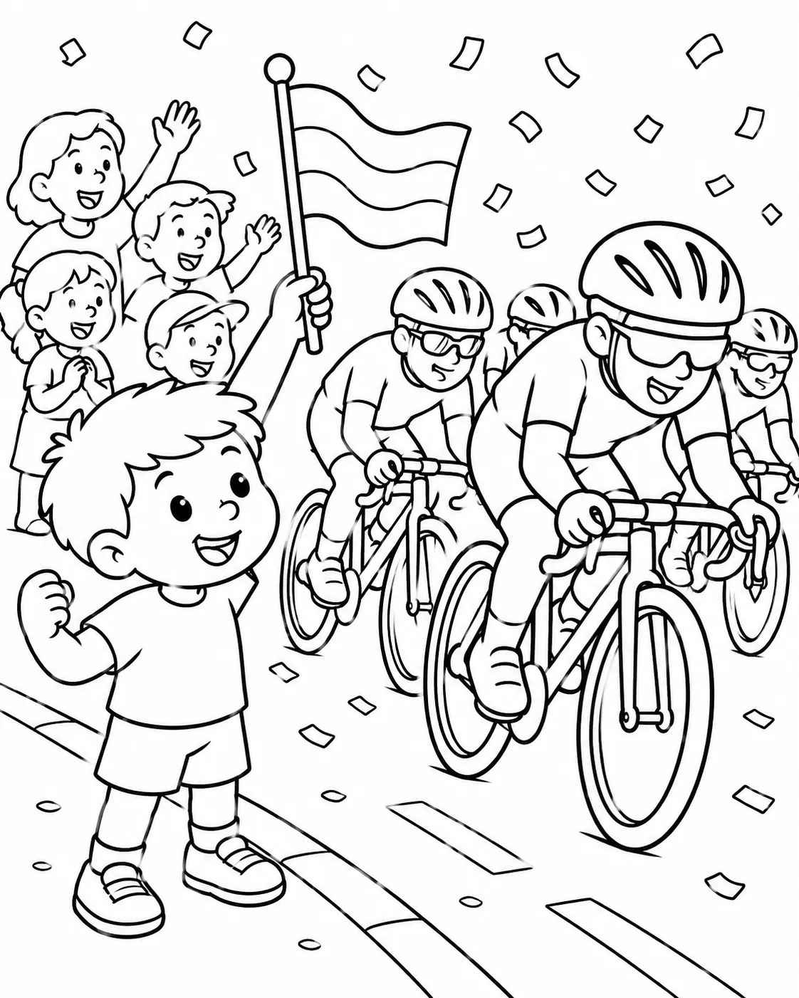 Kind winkt aufgeregt mit Fahne beim Radrennen am Straßenrand
