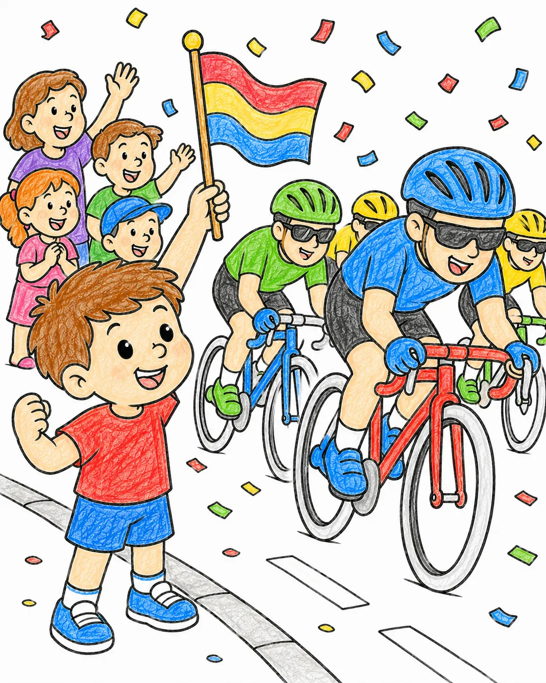 Kind jubelt am Straßenrand einem Radrennen zu