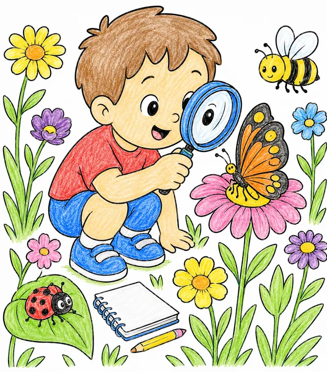Kind hockt und schaut mit Lupe auf Schmetterling auf Wildblumenwiese, Hummel und Marienkäfer daneben