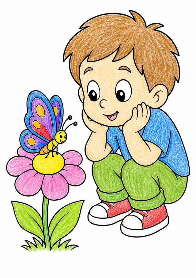 Ausmalseite: Kind hockt vor einer Blume mit buntem Schmetterling darauf und schaut neugierig zu