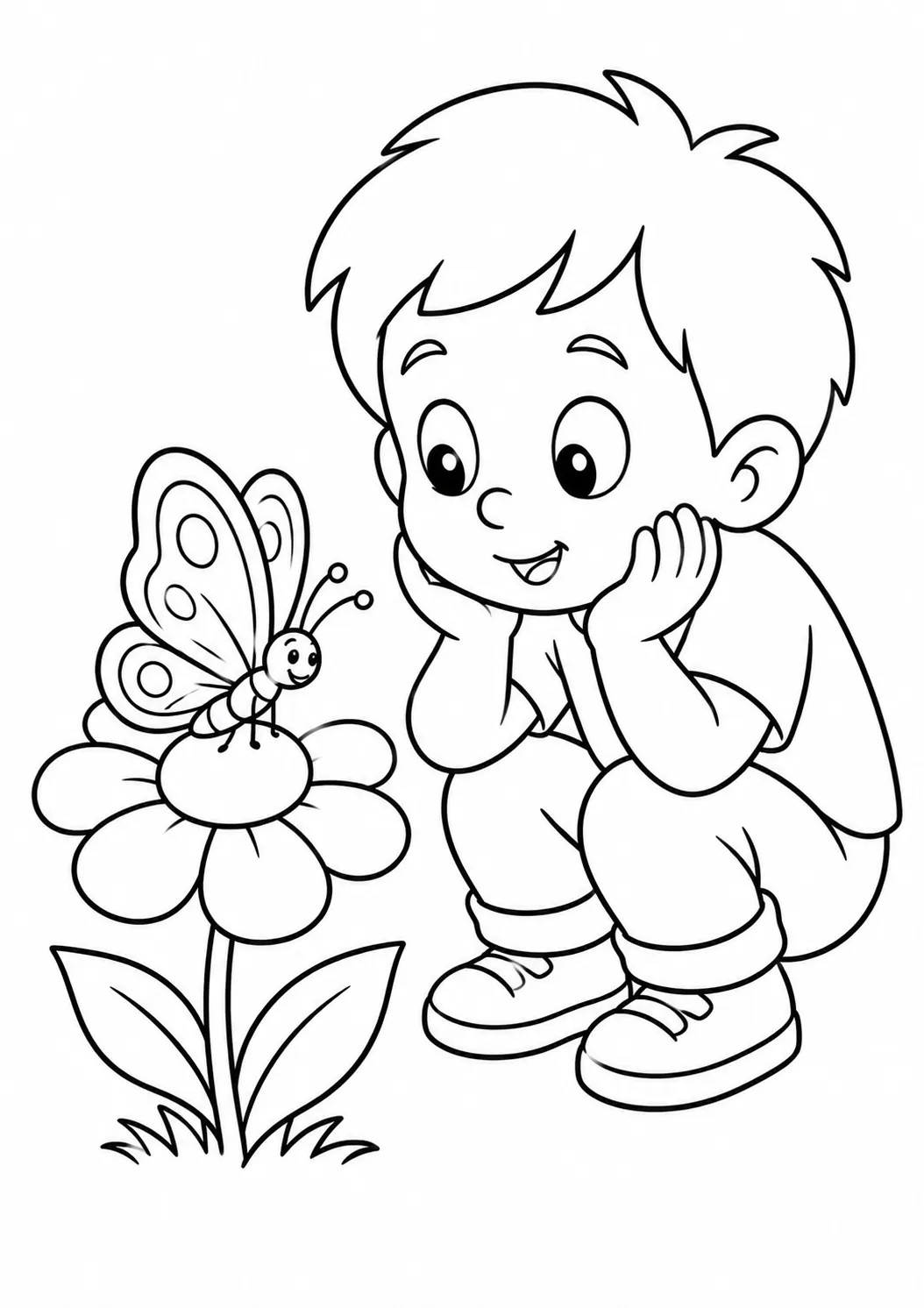 Ausmalseite: Kind hockt vor einer Blume mit buntem Schmetterling darauf und schaut neugierig zu