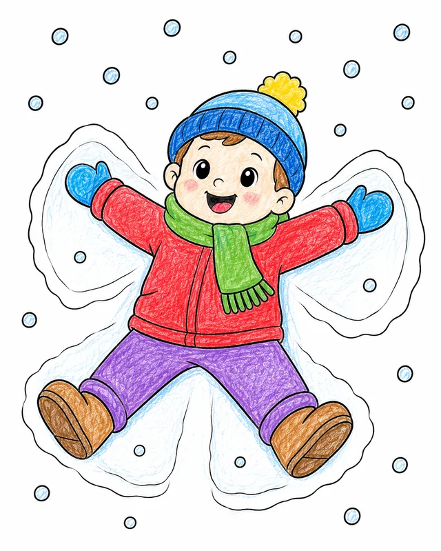 Kind liegt im Schnee und macht einen Schneeengel mit ausgebreiteten Armen