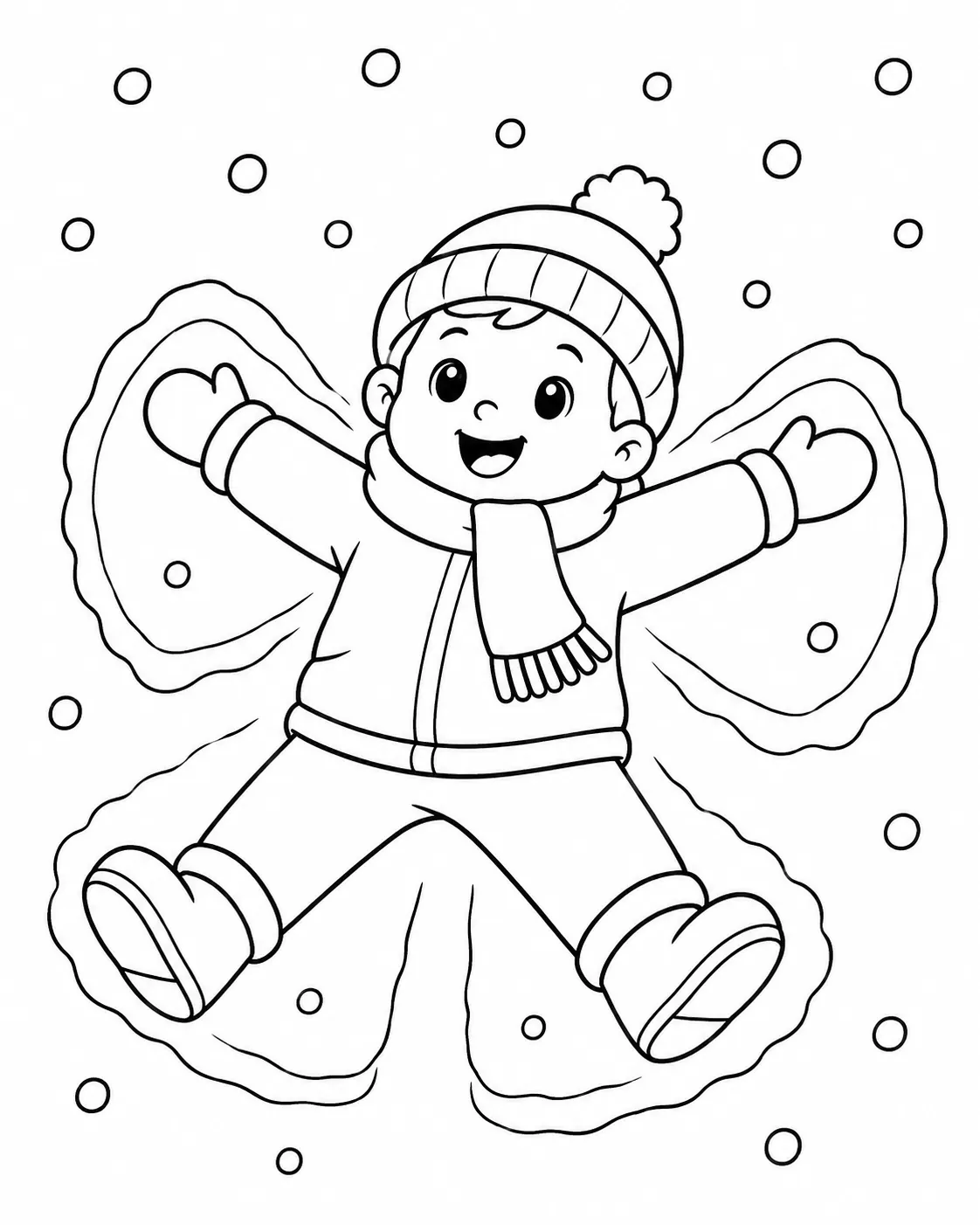 Kind liegt im Schnee und macht einen Schneeengel mit ausgebreiteten Armen