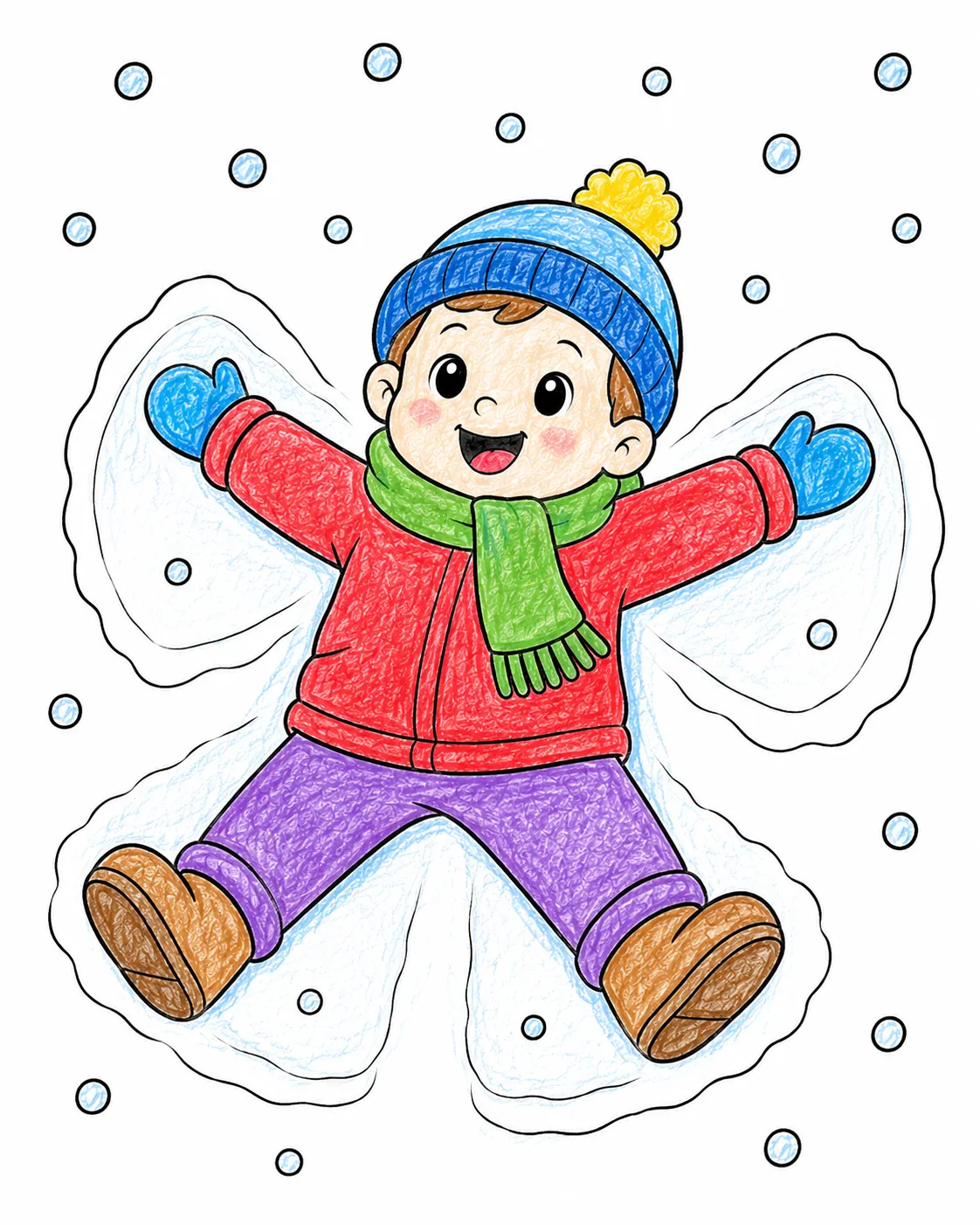 Kind macht Schneeengel im frischen weißen Schnee