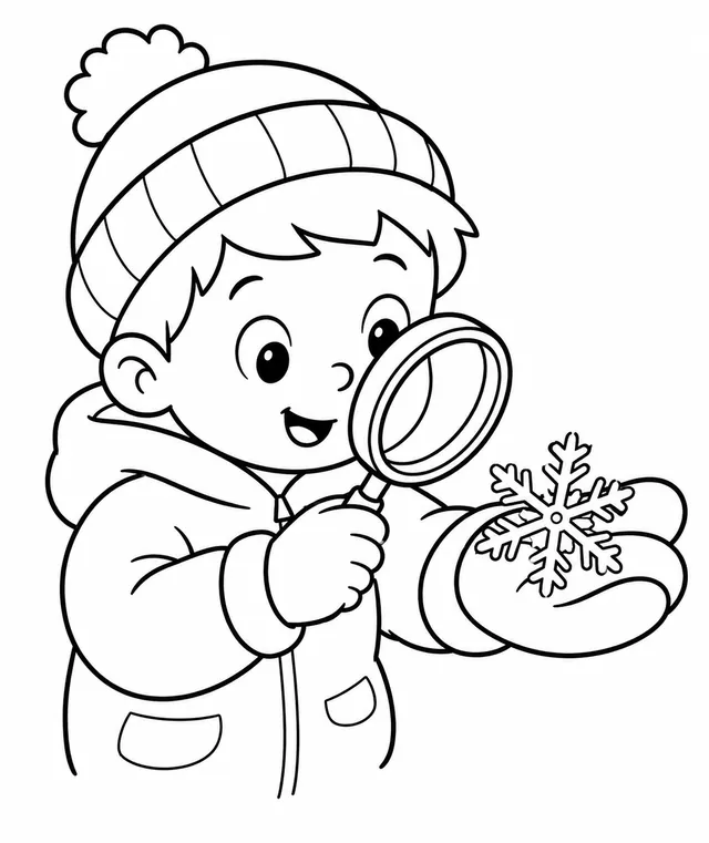Kind betrachtet Schneekristalle mit der Lupe