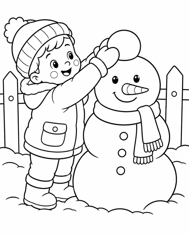 Kind baut einen Schneemann im verschneiten Garten