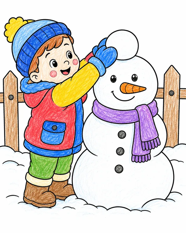 Kind in Winterkleidung baut Schneemann mit Karottennase und Schal im Garten