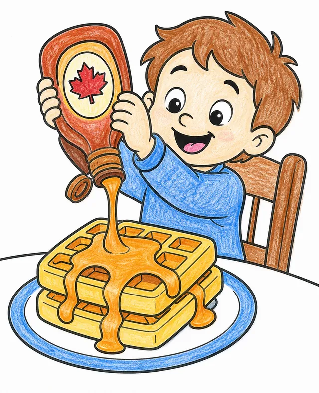Ausmalseite: Kind mit umgedrehter Sirupflasche gießt Sirup über Waffelstapel