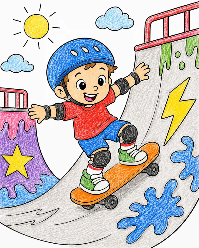 Kind mit Helm fährt grinsend auf kleinem Skateboard Halfpipe-Rampe im Skatepark hinunter