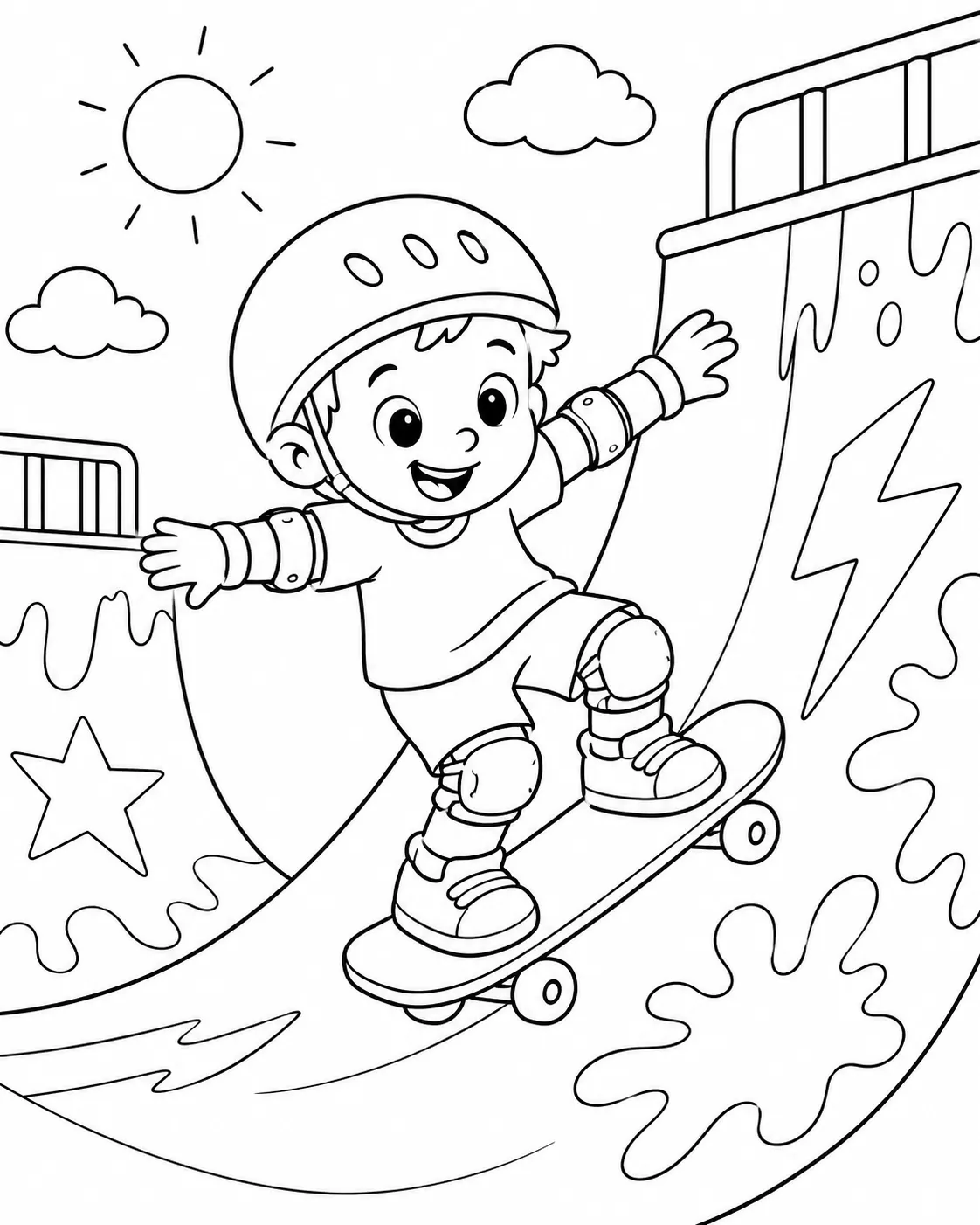 Kind mit Helm fährt grinsend auf kleinem Skateboard Halfpipe-Rampe im Skatepark hinunter