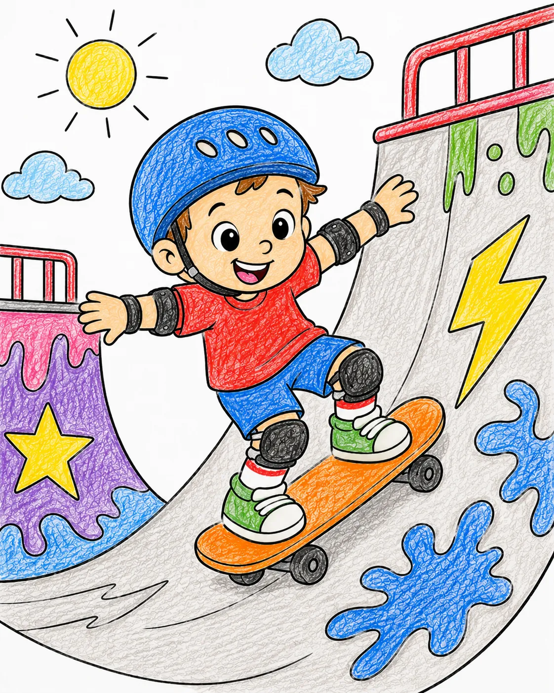 Kind fährt auf einem kleinen Skateboard eine Mini-Halfpipe hinunter