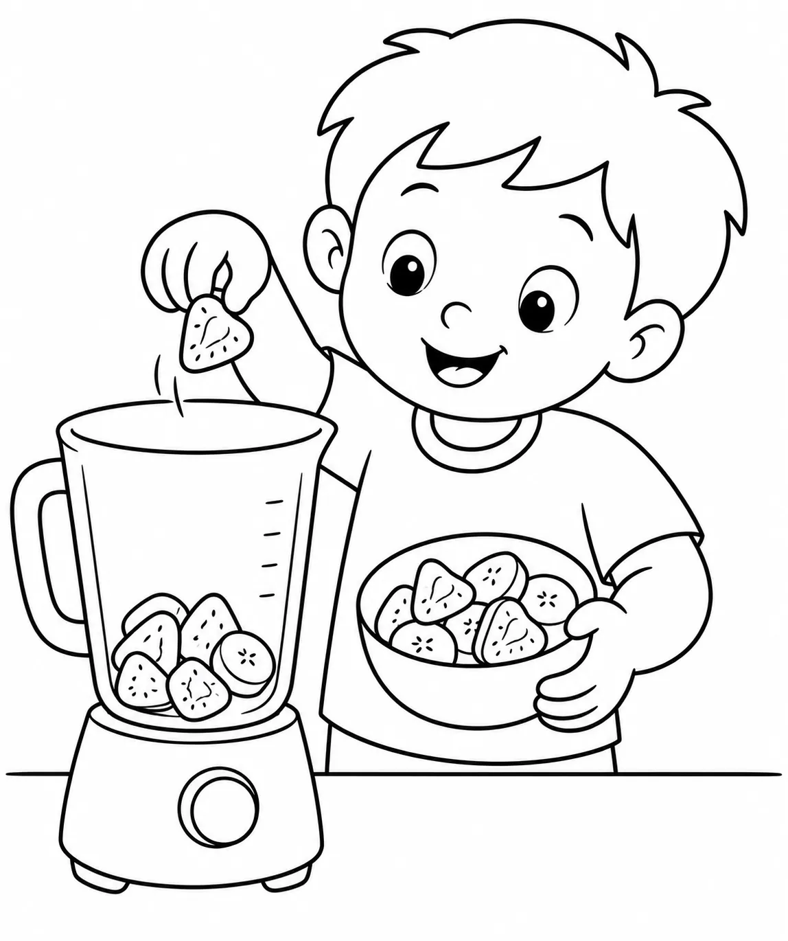 涂色模板：孩子往搅拌机里放水果做果昔