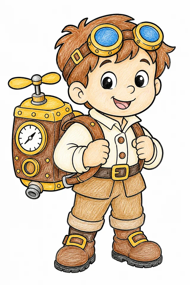 Ausmalseite: Kleines Kind trägt niedlichen Steampunk-Rucksack mit kleinem Propeller oben und Manometerzifferblatt