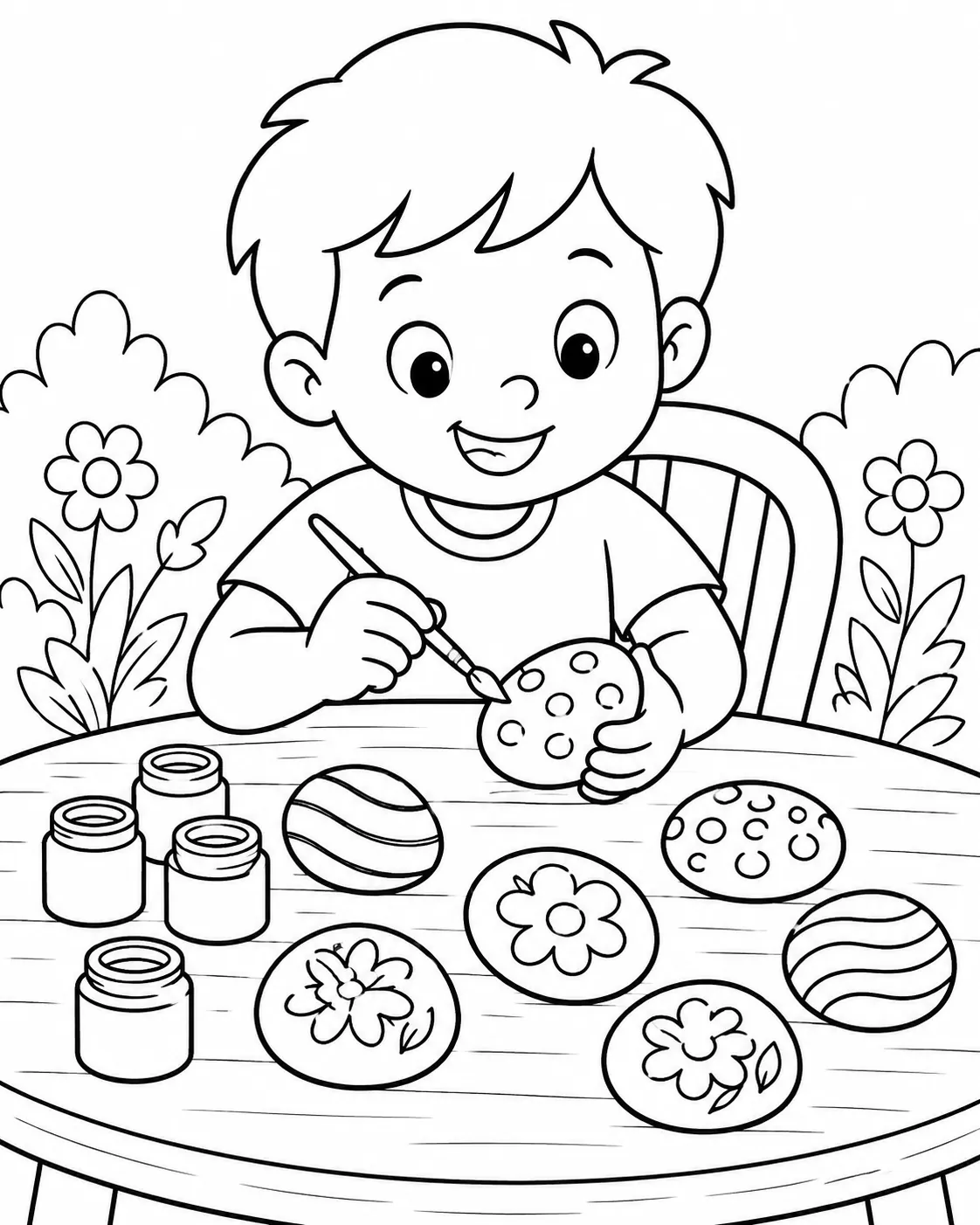涂色页：孩子在户外桌旁给光滑鹅卵石画圆点、条纹和花朵