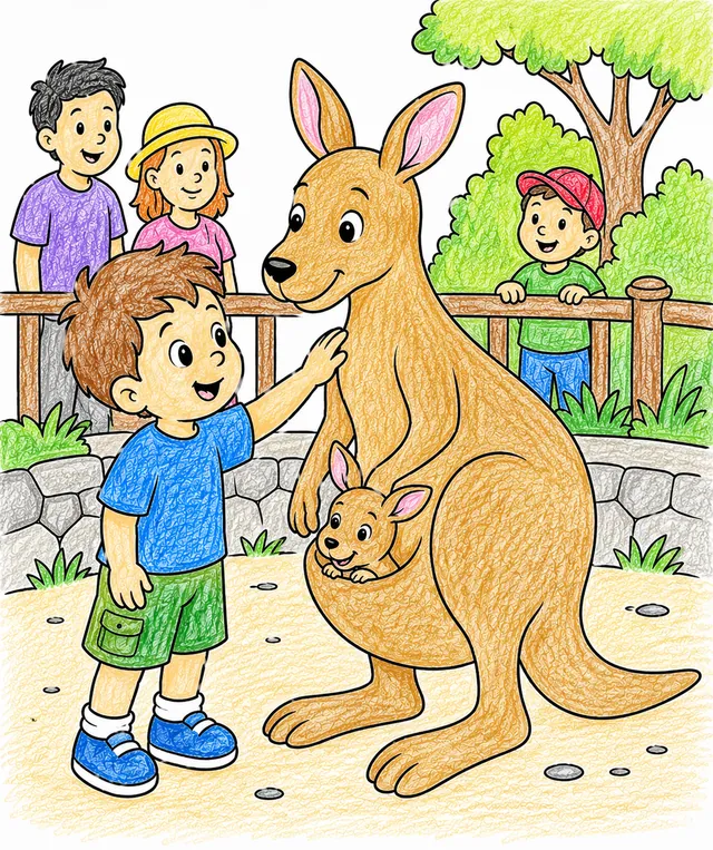 Kind streckt Hand aus um Känguru zu streicheln, Joey schaut aus Beutel der Mutter