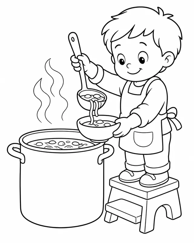 孩子用大勺盛汤