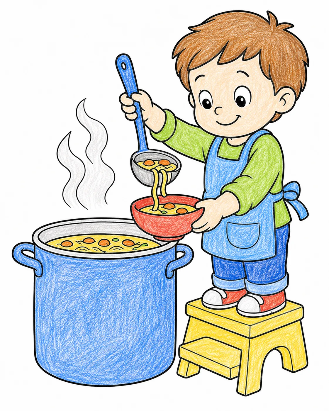 Kind schöpft Suppe mit großem Löffel