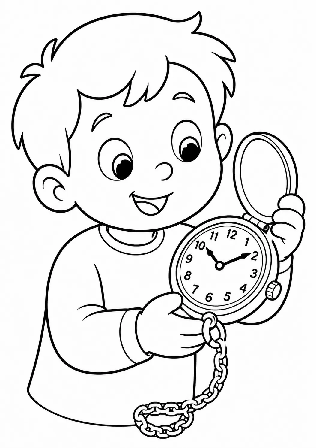Ausmalseite: Kleines Kind hält aufgeklappte Taschenuhr an Kette mit sichtbarem Zifferblatt