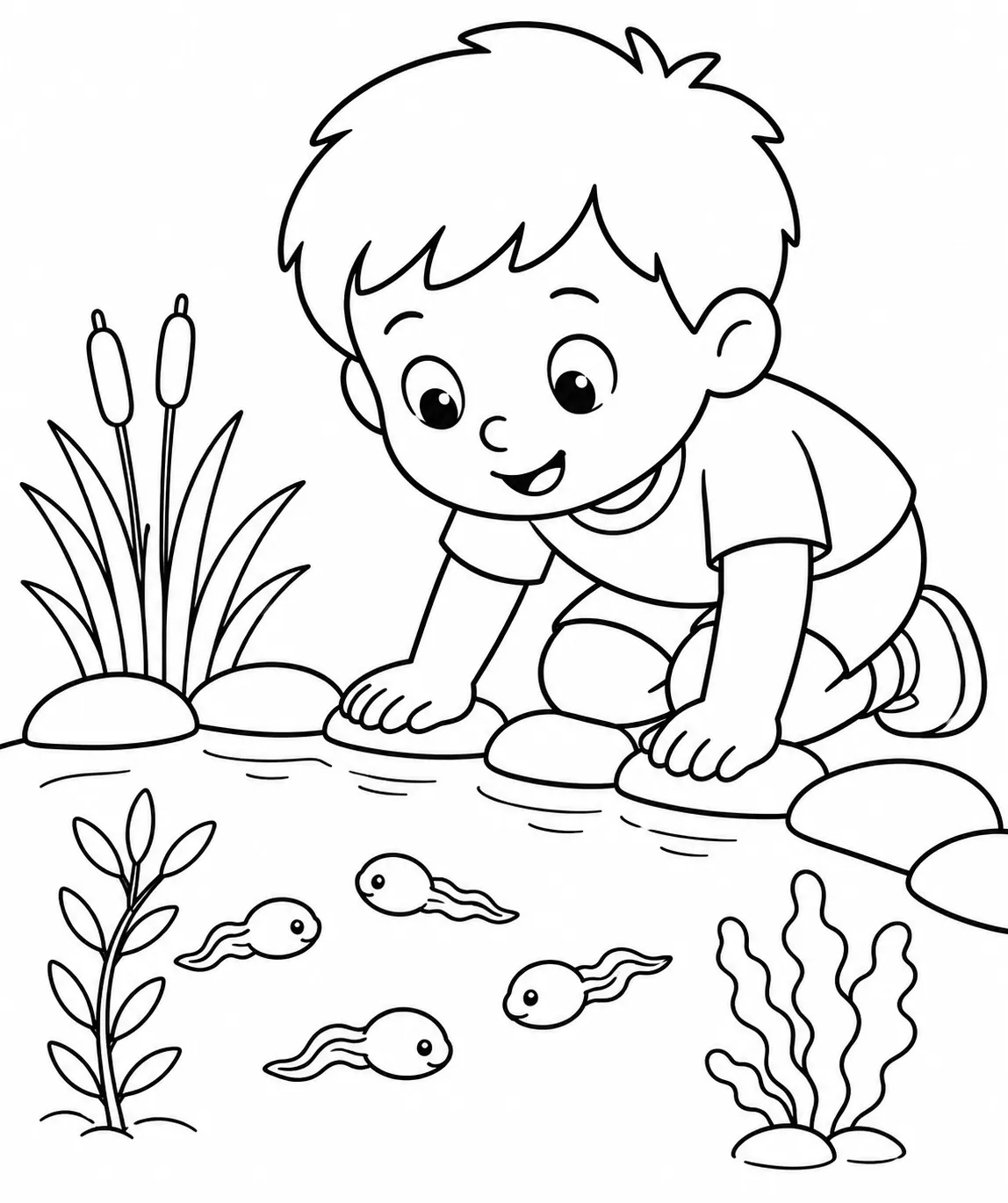 涂色页：孩子跪在池塘边观察水草间的蝌蚪