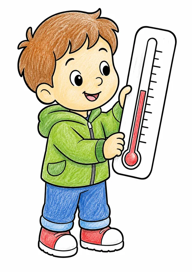 涂色模板：孩子拿着温度计读取温度
