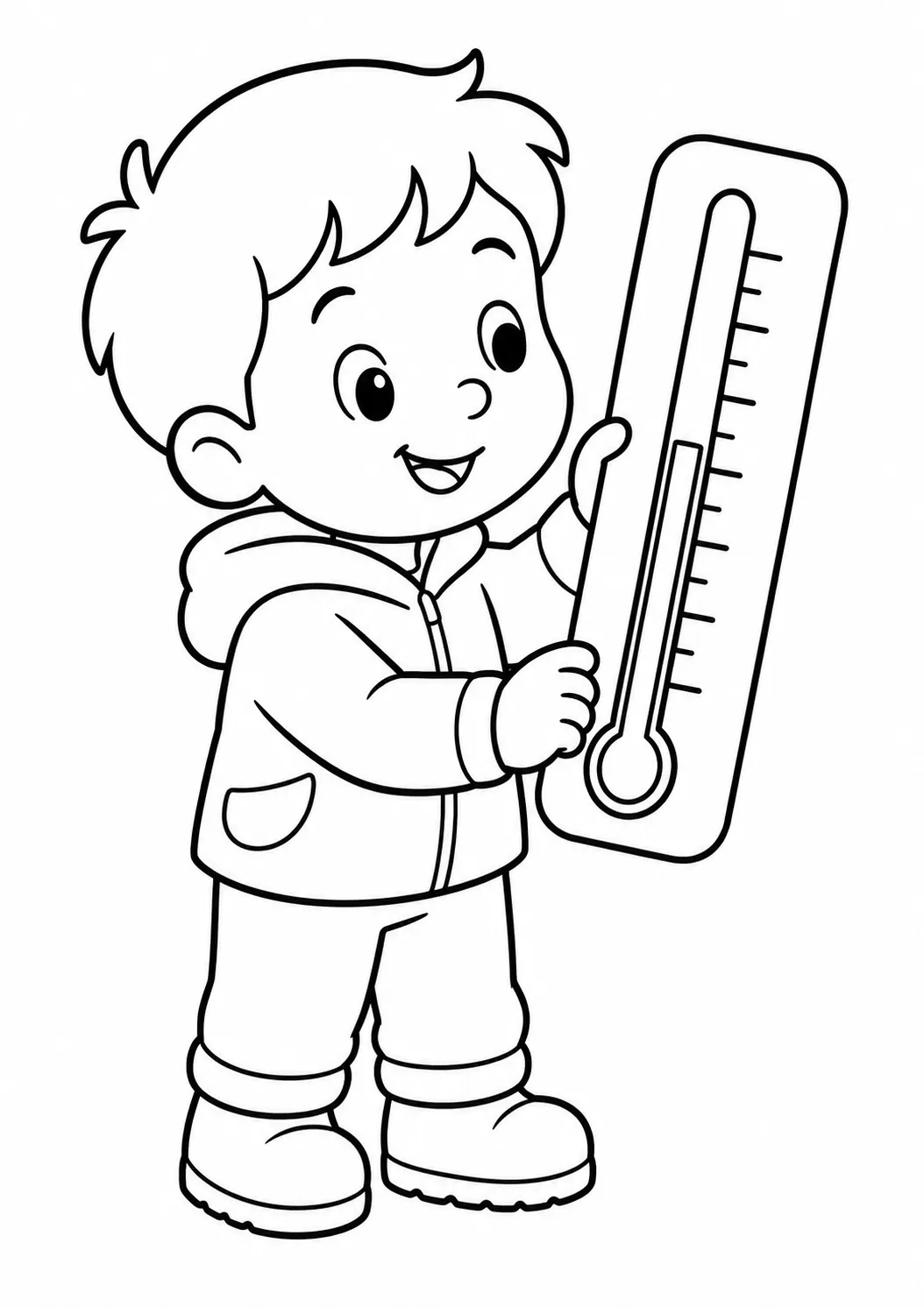 涂色模板：孩子拿着温度计读取温度
