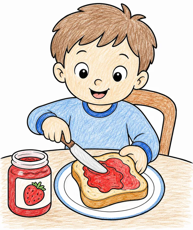Ausmalvorlage: Kind streicht Marmelade mit Messer auf Toast