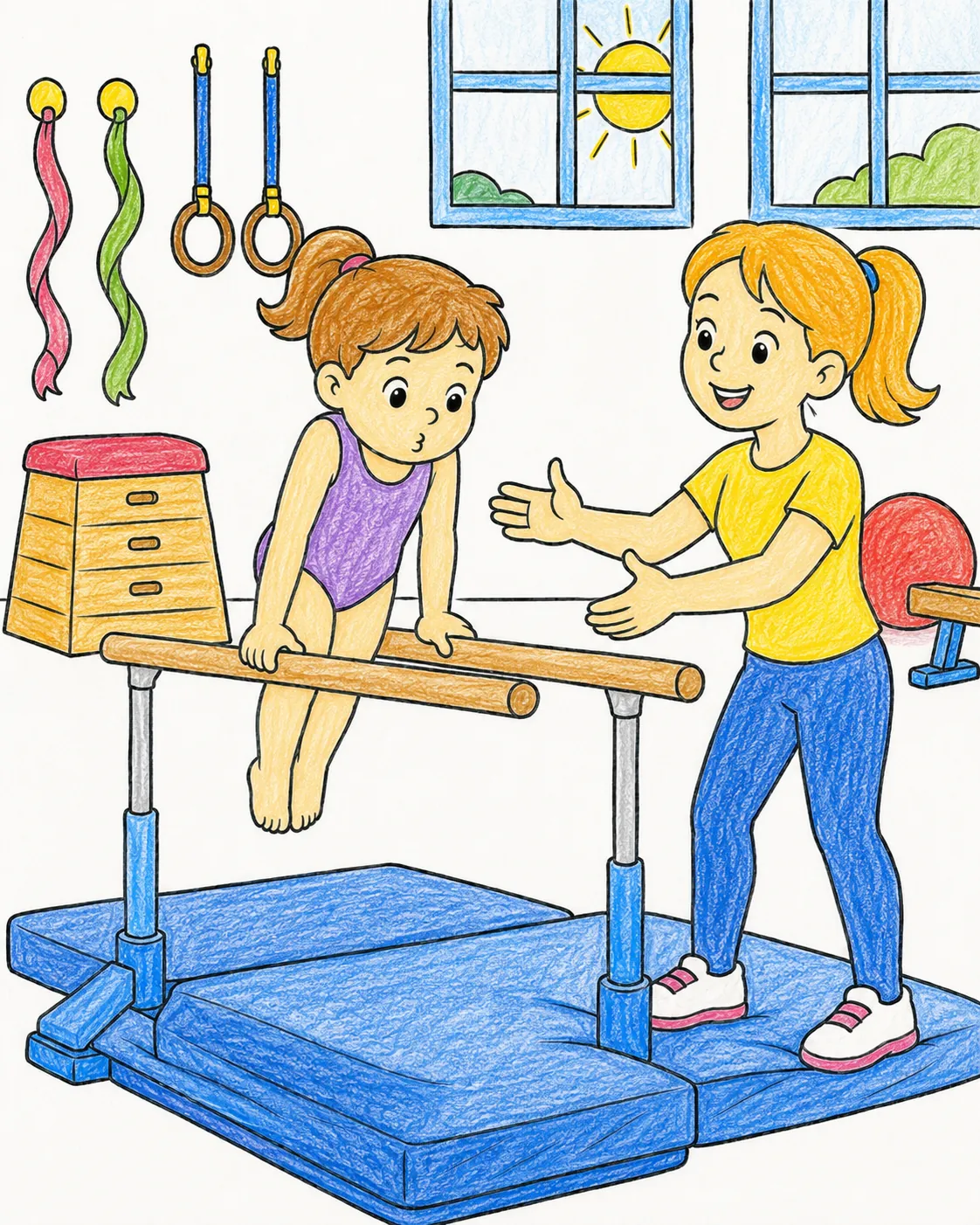 Kind turnt konzentriert am Barren in der Turnhalle während der Trainer zuschaut