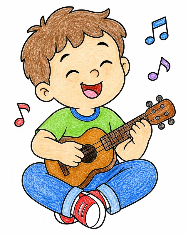 Ausmalbild: Kind spielt Ukulele mit geschlossenen Augen auf dem Boden