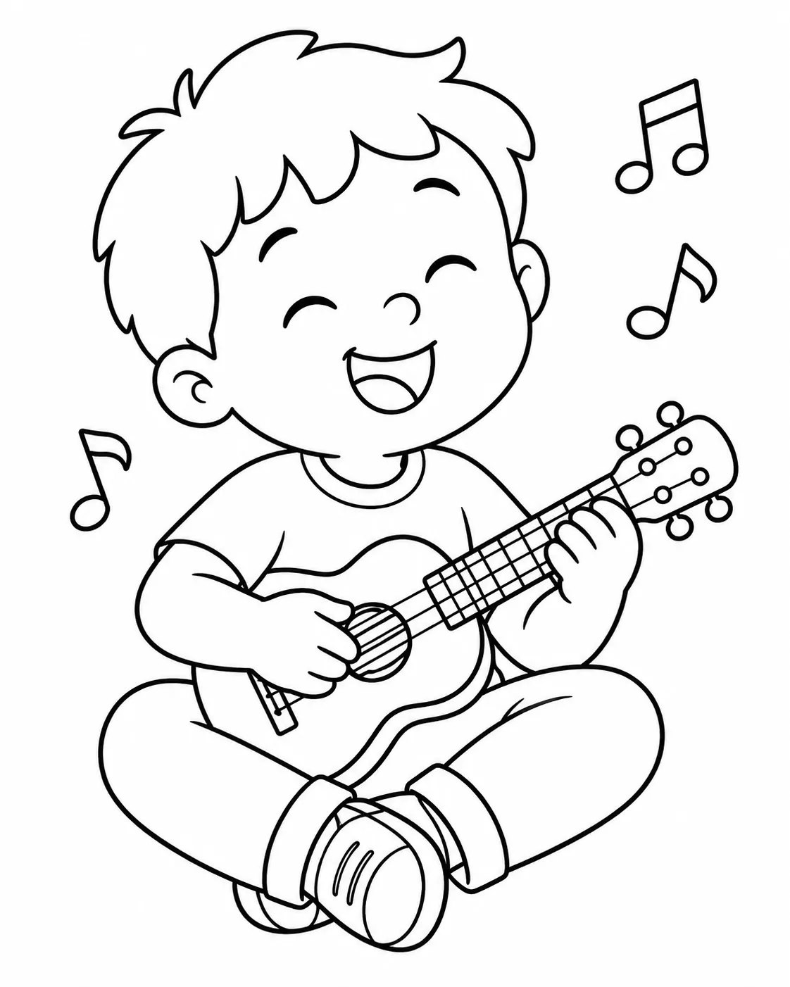 Ausmalbild: Kind spielt Ukulele mit geschlossenen Augen auf dem Boden