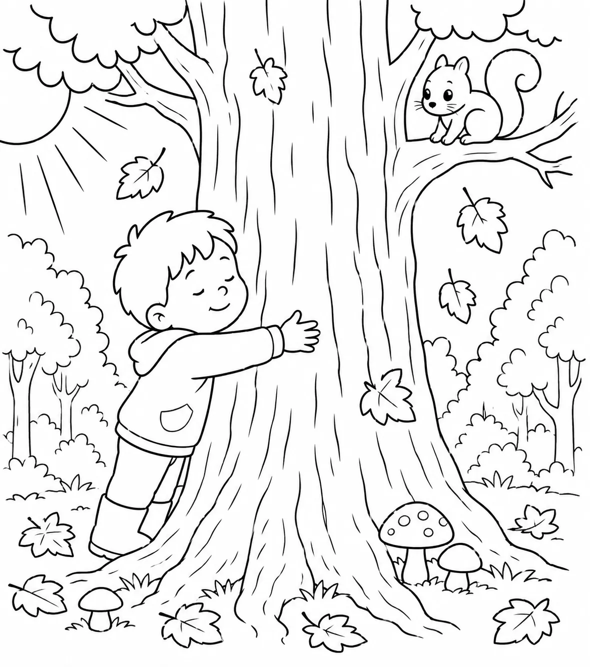 Kind umarmt alten Baumstamm mit geschlossenen Augen im Herbstwald, Eichhörnchen beobachtet von oben