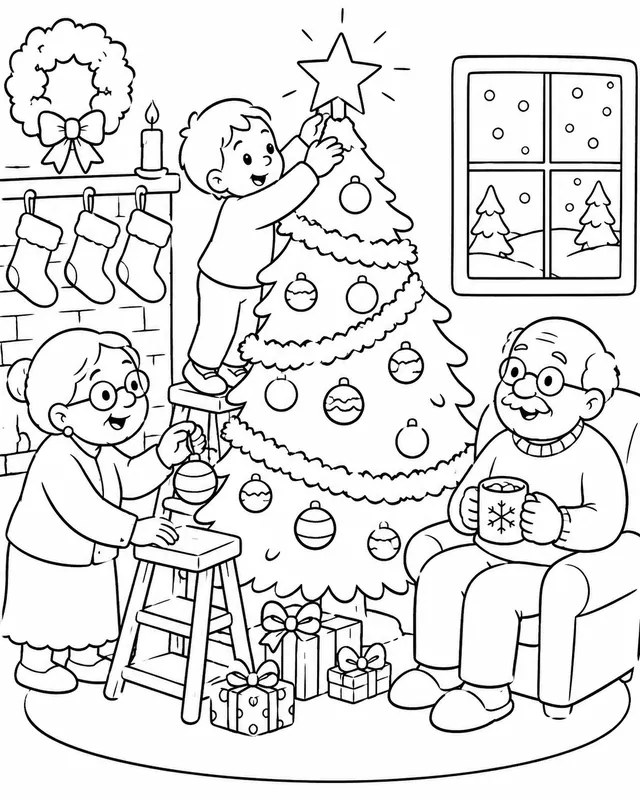 Child Decorating the Festive Christmas Tree Together with Grandma and Grandpa