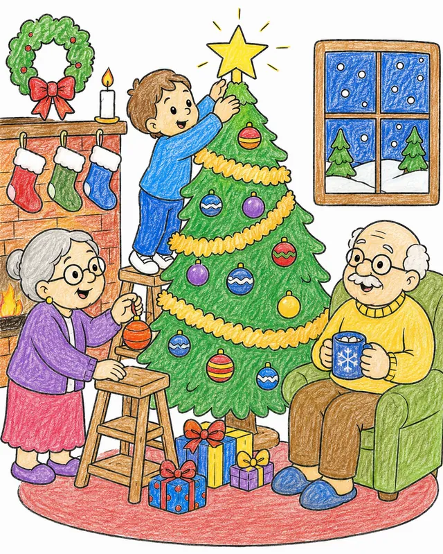Child placing star on Christmas tree, grandma holding stool, grandpa watching smilingly