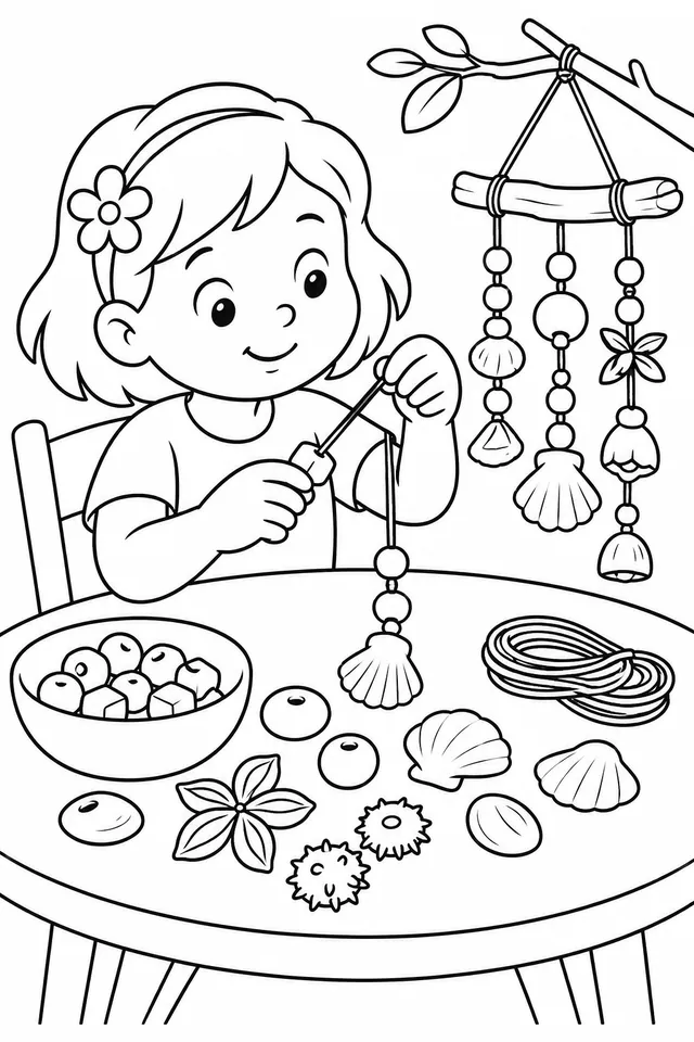 Kind bastelt Windspiel aus Naturmaterialien