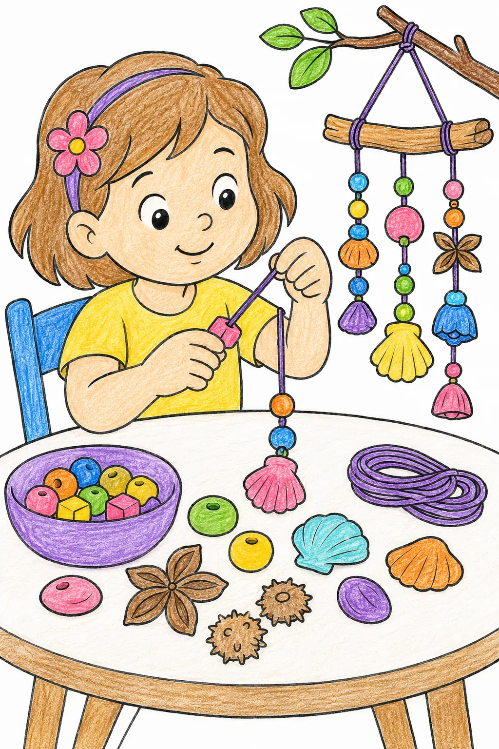 小孩用天然材料制作风铃