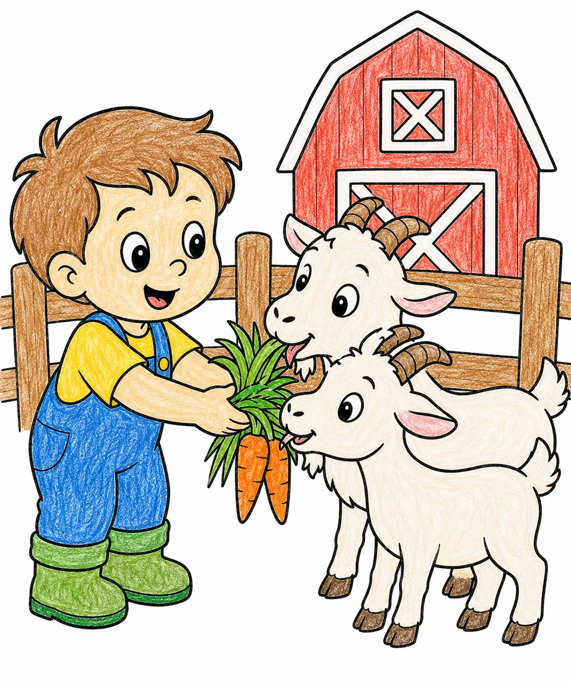 Kind füttert fröhlich Ziegen auf einem bunten Bauernhof