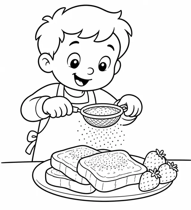 Kind streut Puderzucker auf French Toast