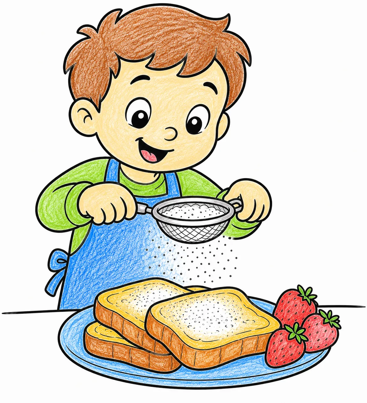 Kind streut Puderzucker auf French Toast