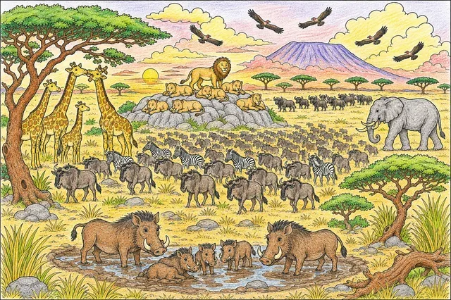 非洲草原全景：角马迁徙与狮子