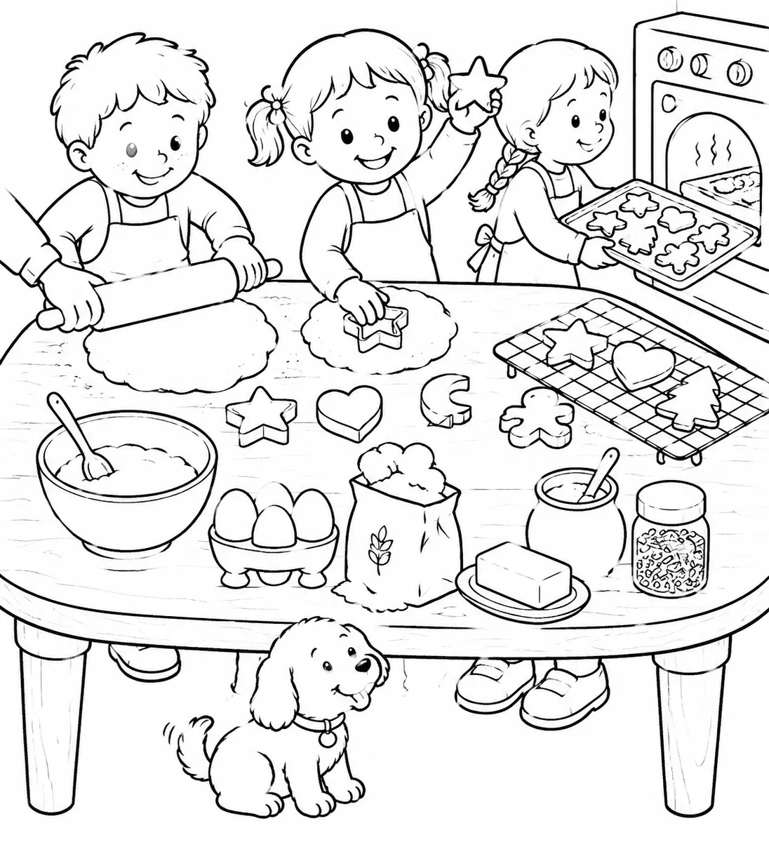 Three children bake cookies at kitchen table with dough, cutters and oven