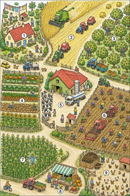 Bauernhof zur Erntezeit von oben mit Mähdrescher, Apfelgarten und neun verschiedenen Bereichen