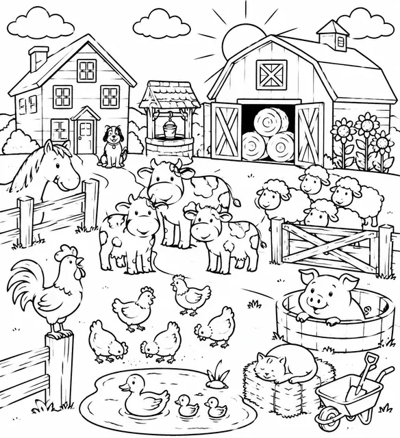 The Farm with Animals in the Morning