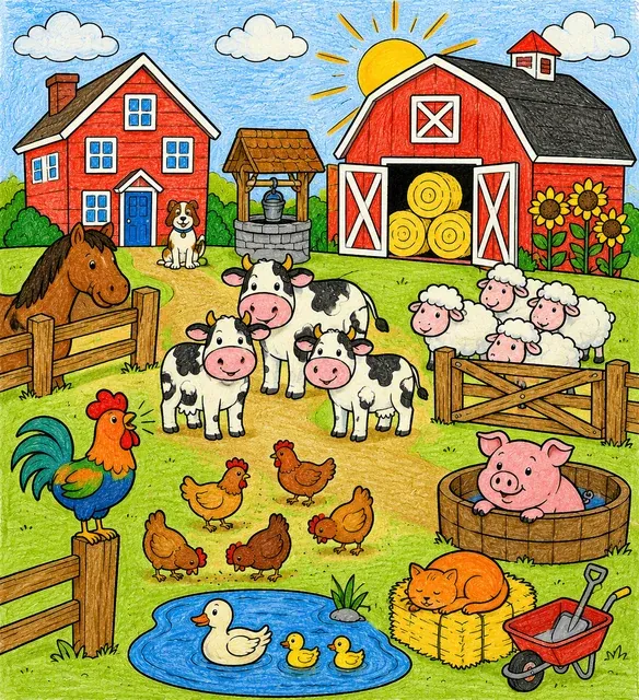 Classic morning farm with horse, cows, sheep, crowing rooster and hens in the yard