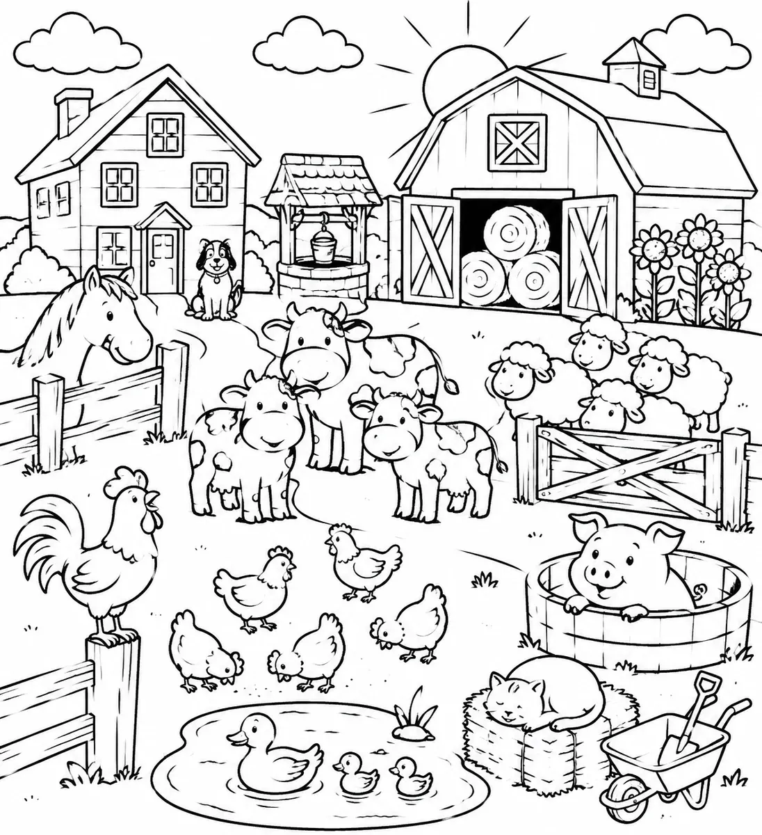 Klassischer Bauernhof am Morgen mit Pferd, Kühen, Schafen, krähenden Hahn und Hühnern im Hof