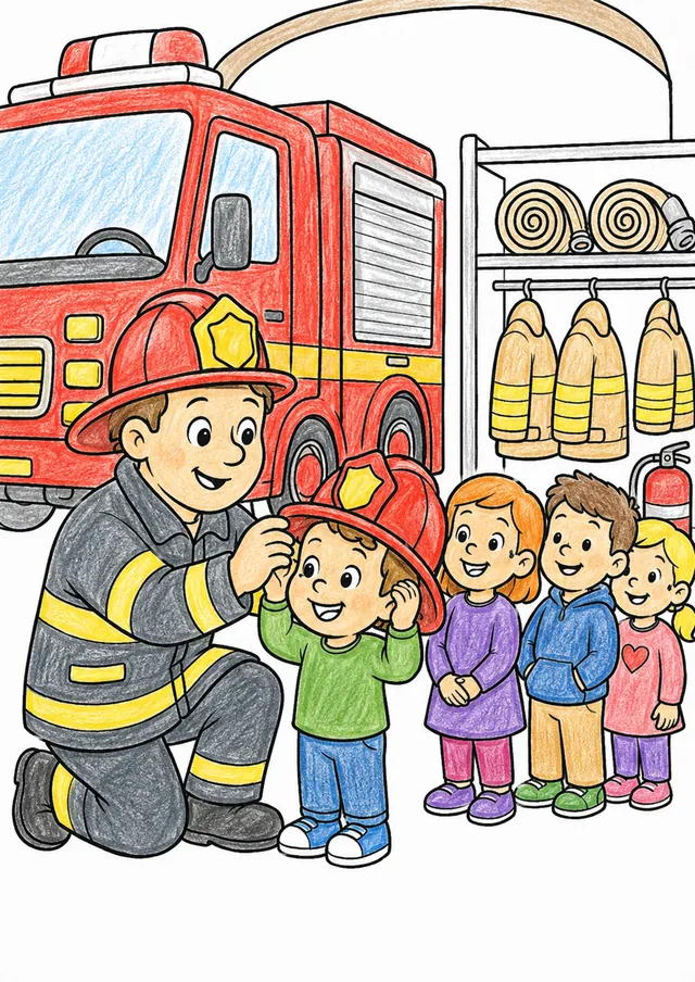 Feuerwehrmann setzt kleinem Kind großen Helm auf, andere Kinder warten in Feuerwehrwache