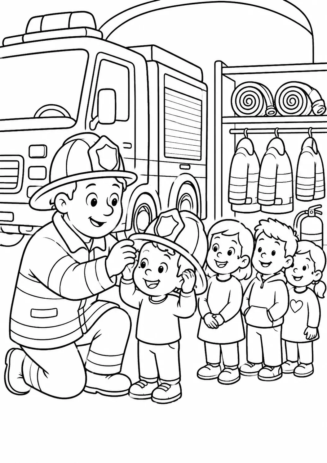 Feuerwehrmann setzt kleinem Kind großen Helm auf, andere Kinder warten in Feuerwehrwache